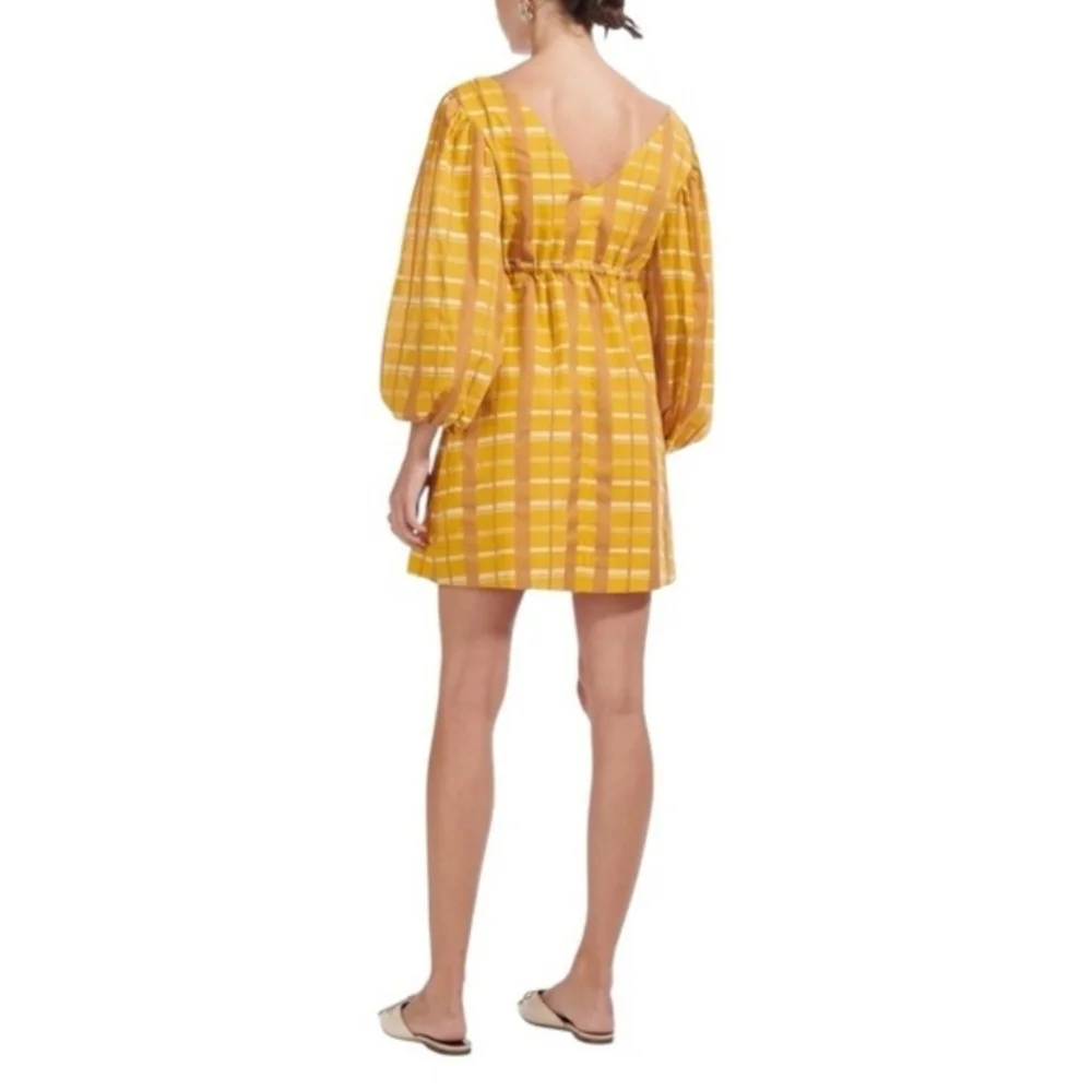 STAUD Keshi Dress Mustard Plaid Long Sleeve Mini Dress V neckline Size Large - Picture 3 of 7
